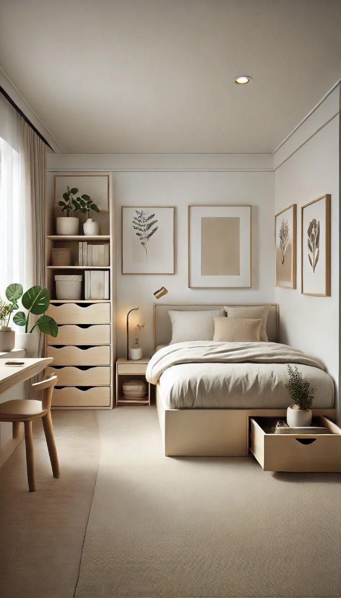 Deco Small Room Aesthetic, Minimal Rooms Ideas, Room Design For Small Bedroom, Modern Classic Small Bedroom, Maximize Room Space, Minimalist Room Ideas Small Spaces Interior Design, Small Minimalist Bedroom Ideas, Apartment Minimalist Bedroom, Minimal Apartment Decor Bedroom