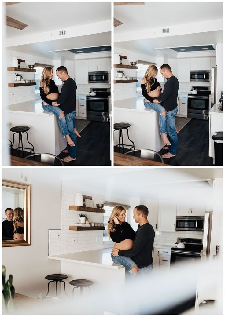 a man and woman standing in a kitchen next to each other