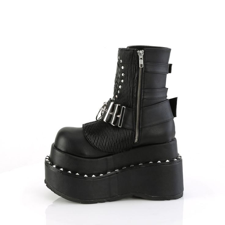 4 1/2" Tiered Platform Lace-Up Black Vegan Leather Ankle Boot, Side Zip | Demonia BEAR-150 1920s Shoes, Alternative Shoes, Skull Patch, Demonia Shoes, Festival Shoes, Punk Boots, Gogo Boots, Shoe Inserts, Cosplay Shoes