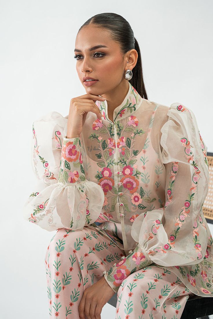 Ameera Silk Wedding Sets With Set-in Sleeves, Feminine Fitted Silk Set, Fitted Silk Feminine Set, Fitted Floral Print Organza Sets, Fitted Organza Blouse For Eid, Embroidered Organza Sets With Long Sleeves, Summer Organza Sets With Resham Embroidery, Eid Organza Fitted Blouse, Spring Wedding Blouse With Resham Embroidery