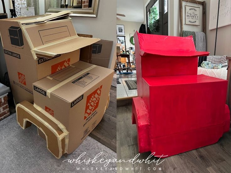 two cardboard boxes stacked on top of each other in front of a mirror and couch