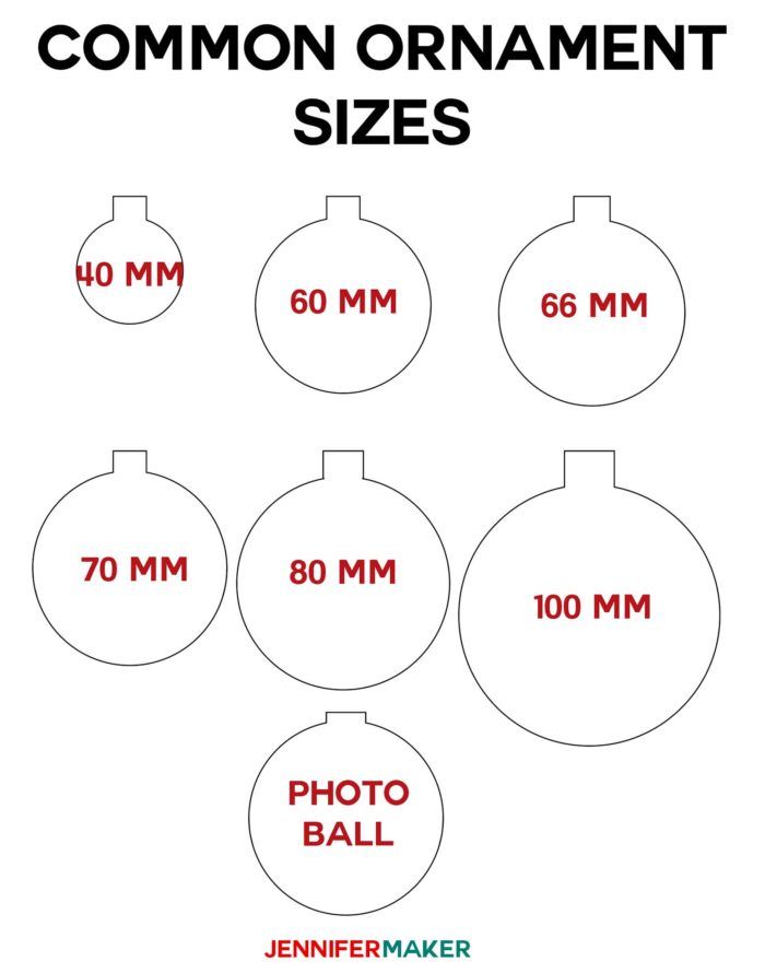 christmas ornament sizes are shown in red and white