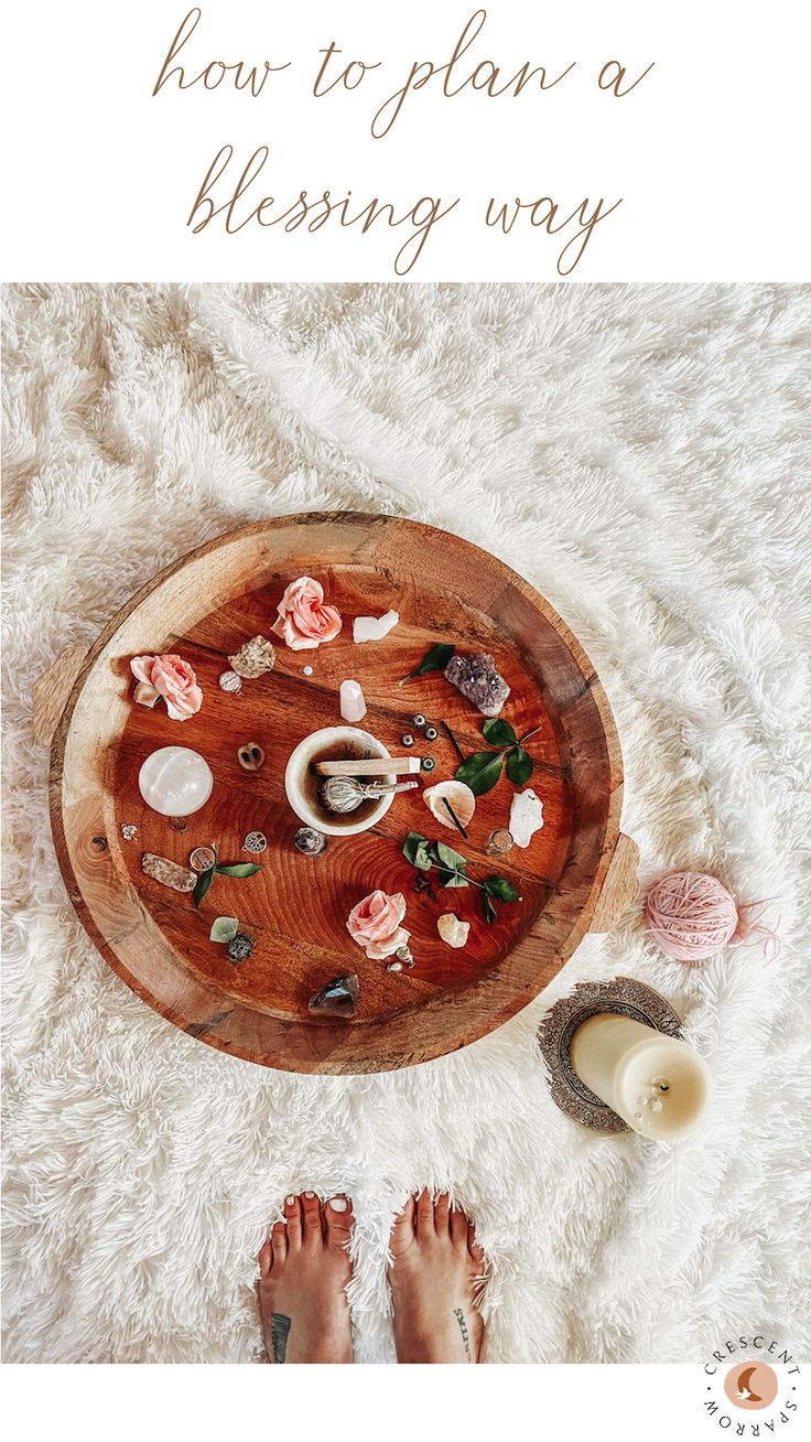 a wooden plate with shells and flowers on it, next to the words how to plan a blessing way