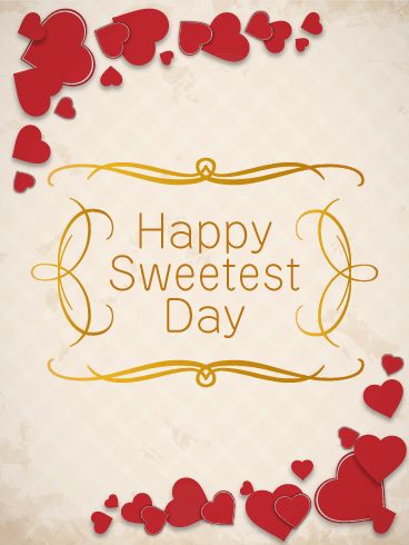 a happy sweetest day card with hearts on the side and gold frame in the middle