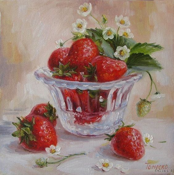 a painting of strawberries in a glass bowl