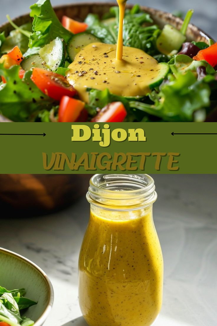 a salad with dressing being drizzled over it and the words dijon unaaigrete in front of it