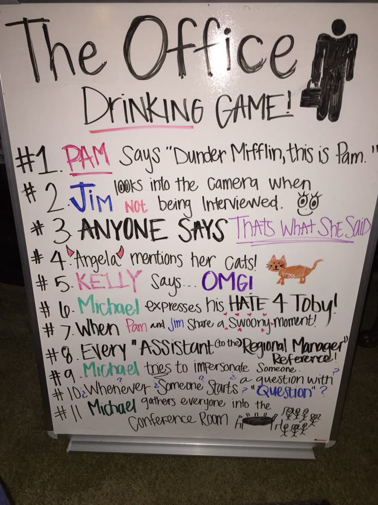 the office drinking game is written on a white board with black writing and colorful words