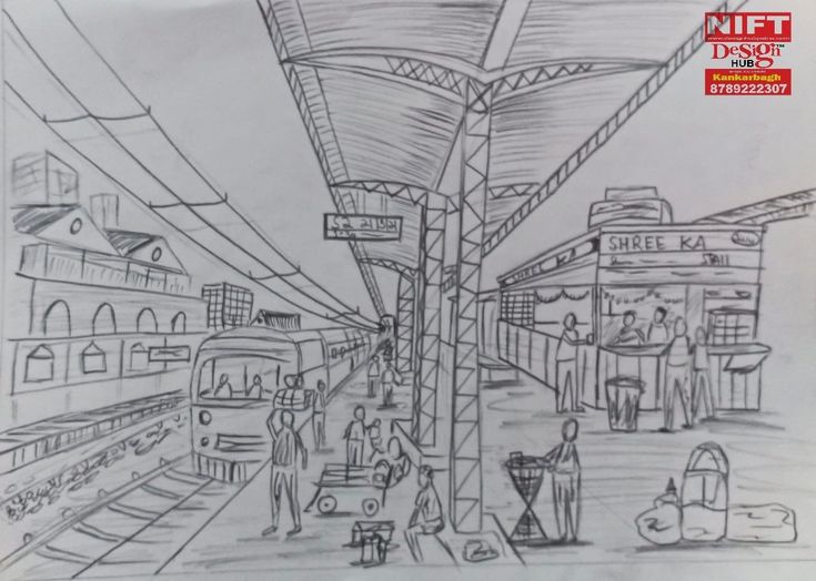 a drawing of people waiting at a train station