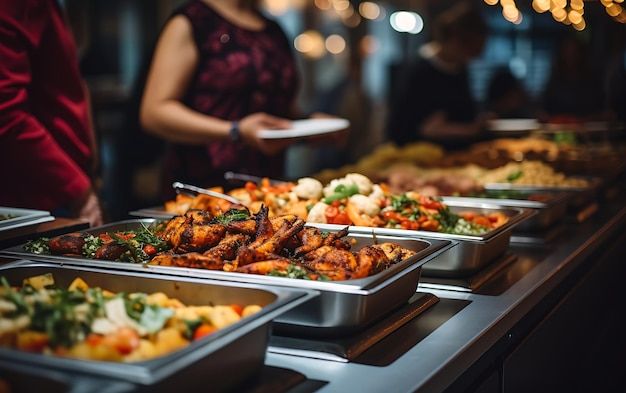 several trays of food are lined up on a buffet table with people in the background