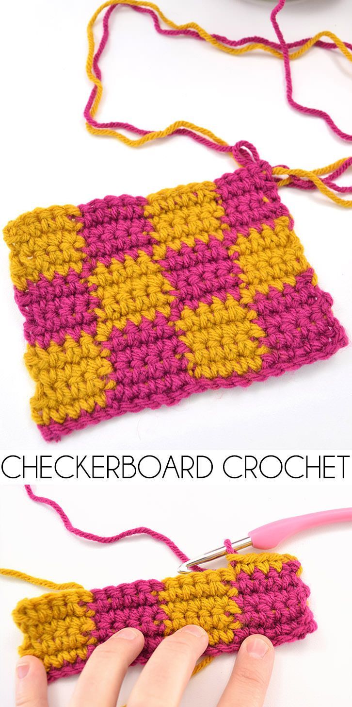 a pink and yellow crochet purse sitting on top of a table next to a bowl