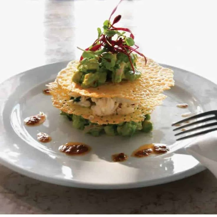 a white plate topped with food and a fork