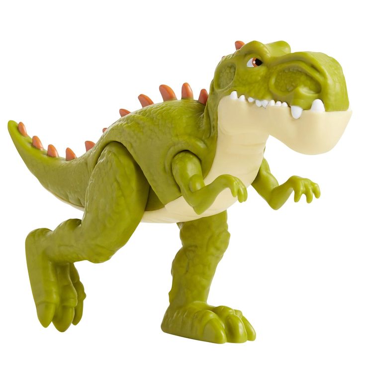 a green toy dinosaur with its mouth open