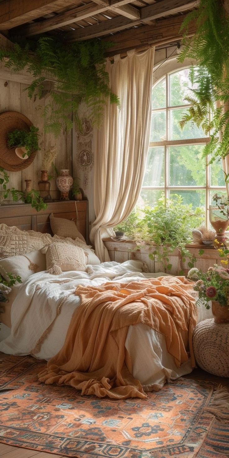 a bedroom with lots of plants in the window sill and bed linens on the floor