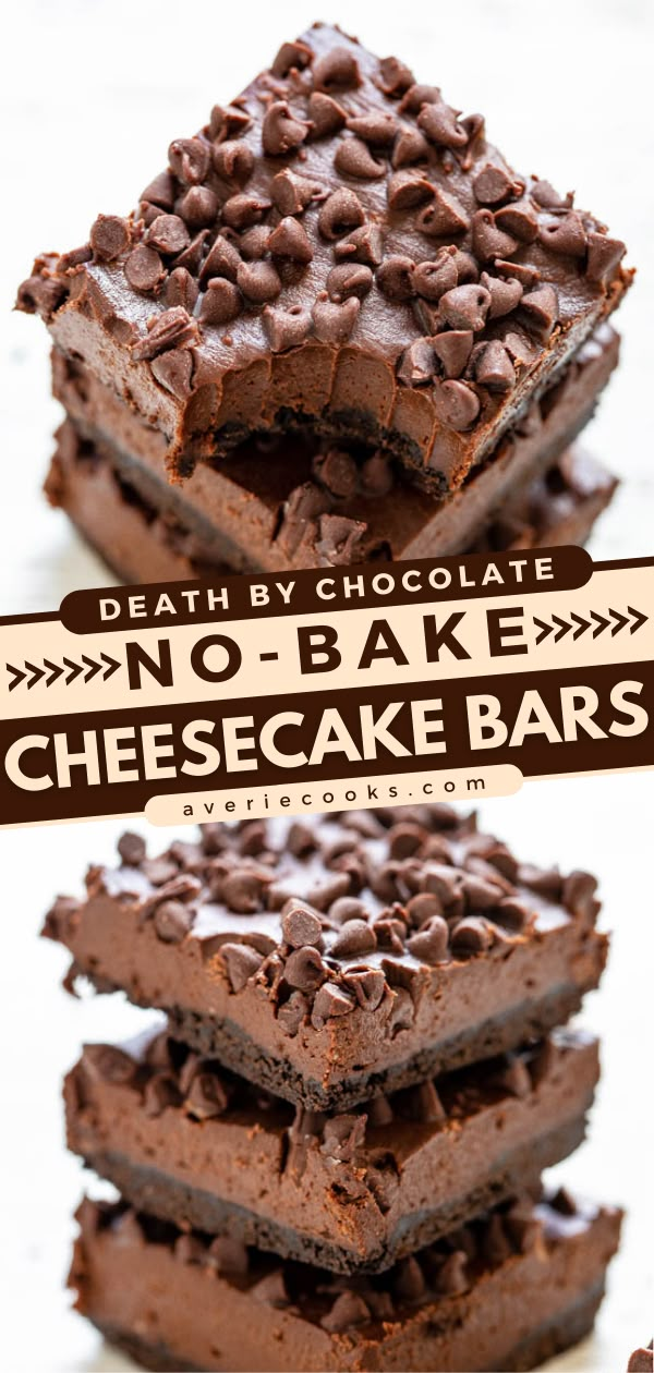 Death by Chocolate No-Bake Cheesecake Bars - Averie Cooks No Bake Cheesecake Bars, Easy Chocolate Dessert, Chocolate Cheesecake Bars, Bake Cheese, Cheesecake Bar, Pretzel Salad, Mint Oreo, Averie Cooks, Chocolate Cheesecake Recipes