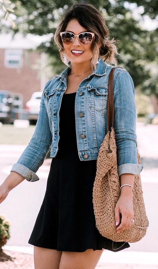 Denim Jacket   Black Dress. Summer Jacket Outfit, Cute Jean Jacket Outfits, Denim Jacket Outfit Summer, Denim Dress Outfit, Cute Jean Jackets, Look Office, Jacket Outfit Women, Jean Jacket Outfits, Cute Outfits With Jeans