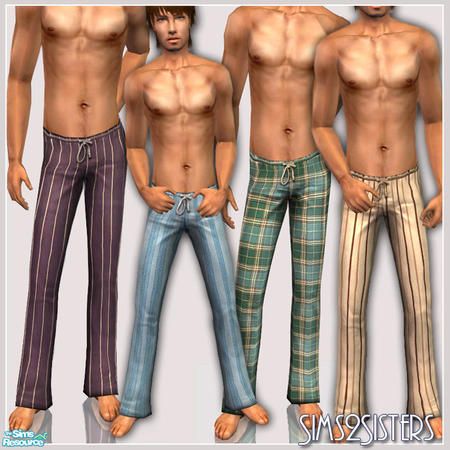 three male models with different colored pants and no shirts