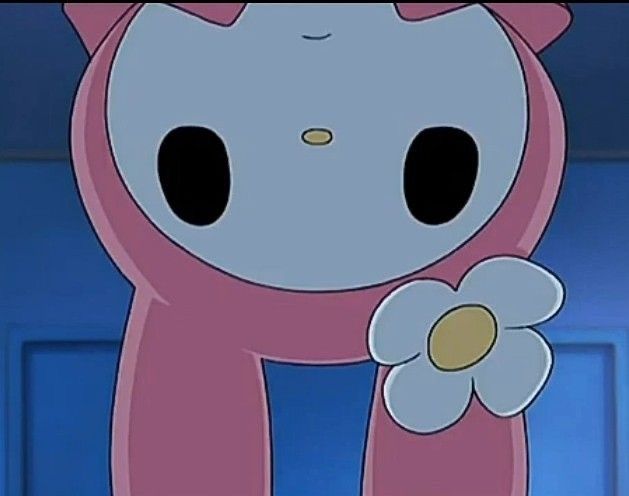 a cartoon character holding a flower in front of a blue door with the words hello kitty on it