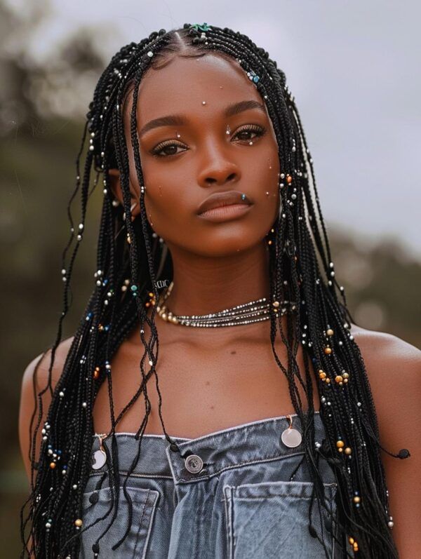 Trendy Knotless Braids with Beads Ideas Beads In Hair Braids Black Women, Hair Jewelry For Braids Black, Pearls In Braids, Chain Twist Hairstyle, Styles With Beads Black Women, Black Women Hairstyles Beads, Knotless Beads Hairstyles, Cornrow With Beads, Yarn Box Braids