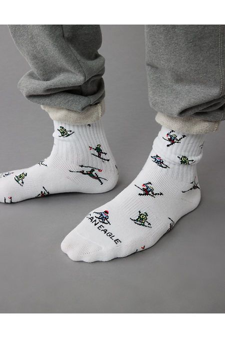 Made from soft cotton/Ribbed cuff/Holiday-inspired pattern Winter Sporty Socks With Ribbed Cuffs, Sporty Winter Socks With Ribbed Cuffs, Casual Winter Socks For Stocking Stuffers, White Casual Socks With Ribbed Cuffs, Casual White Socks With Ribbed Cuffs, Casual Cotton Socks For Winter, Cozy White Cotton Socks, White Sporty Socks For Winter, White Sporty Winter Socks