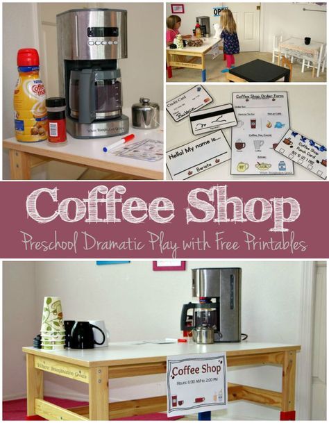 coffee shop preschool dramatic play with free printables for the coffee maker and kids