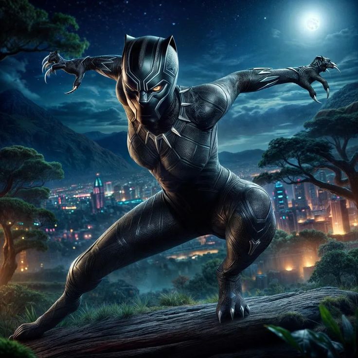 the black panther is standing in front of a city at night with his arms outstretched