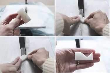 the process of making an origami heart with scissors and glue is shown here