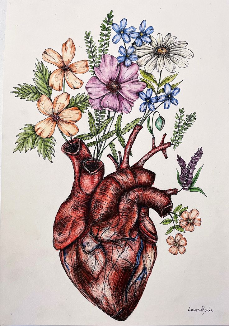 a drawing of a heart with flowers in it