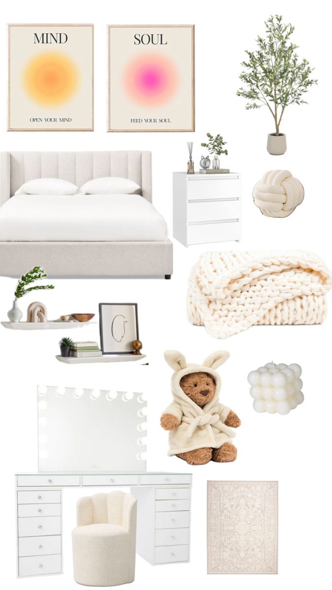 a collage of white furniture and decor including a bed, dresser, mirror, chair, rugs