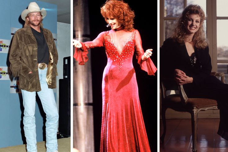 four different pictures of people in dresses and cowboy hats, one woman wearing a red dress