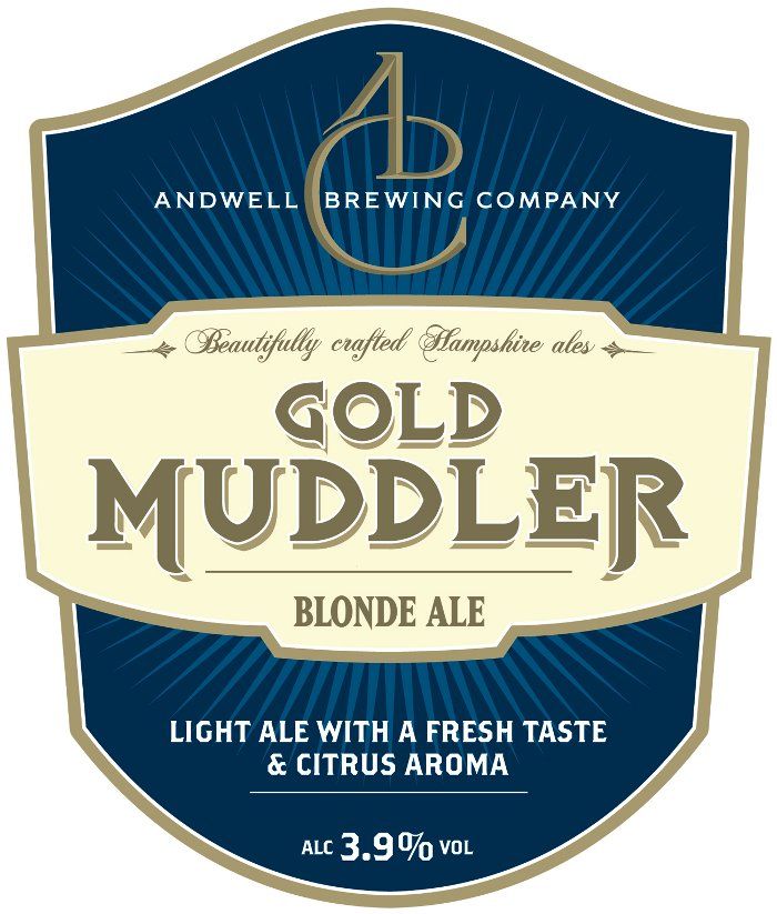 gold muddler ale beer label with the words, light ale with a fresh taste and citrus aroma