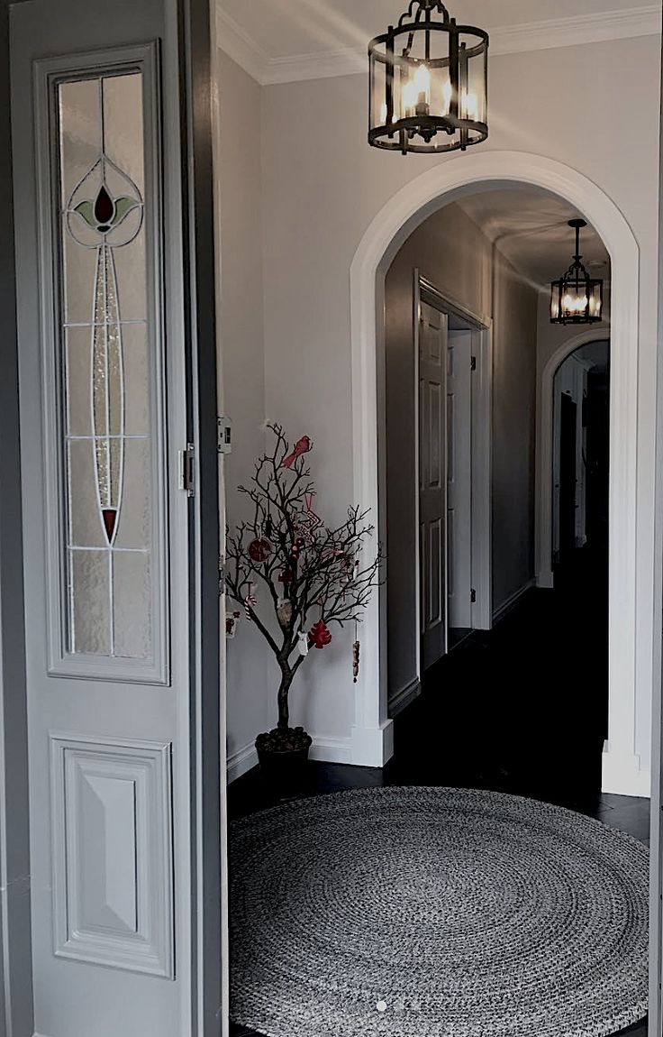 an entry way with a rug on the floor and two lights hanging from the ceiling