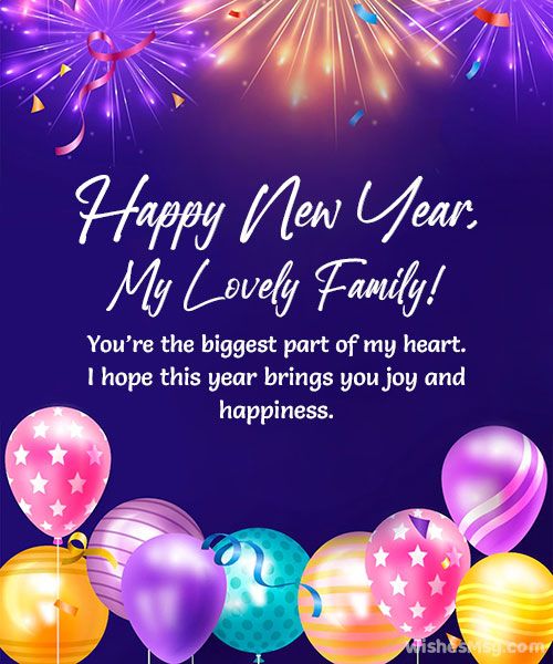 happy new year card for family with balloons and fireworks in the sky, on purple background