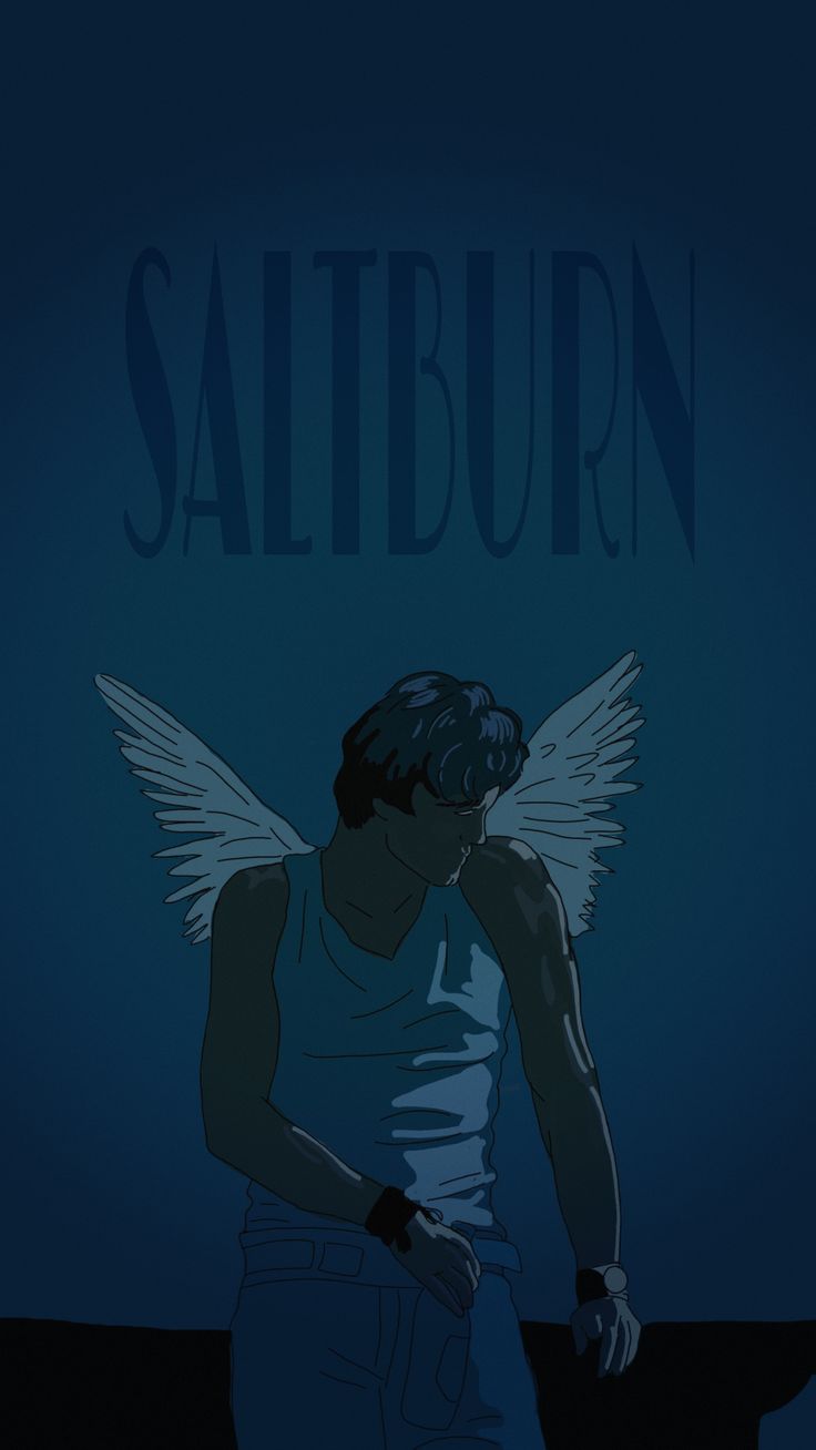 an image of a man with wings on his head and the words saltburn above him