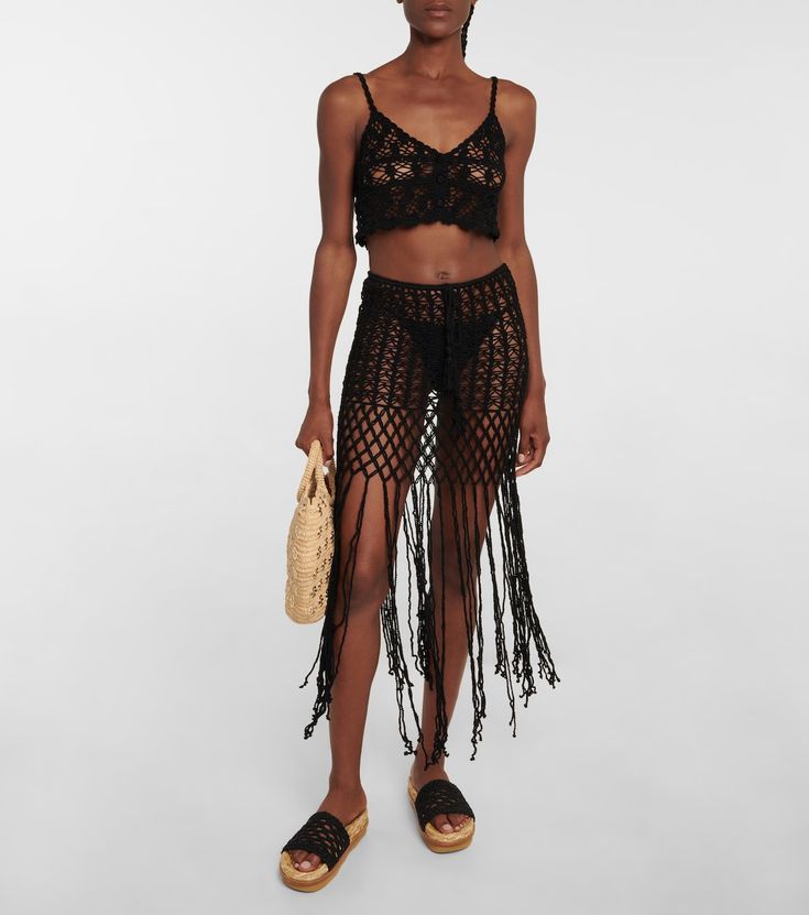 Exclusive to Mytheresa – Crochet cotton skirt Summer Festival Fringe Skirt, Bohemian Lace Skirt For Vacation, Bohemian Cotton Skirt For Beach Season, Black Cotton Beach Skirt, Beach Black Cotton Skirt, Tassel Skirt For Summer, Bohemian Beach Skirt With Crochet Trim, Beach Skirt With Crochet Trim, Tasseled Skirt For Summer