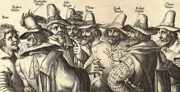 an old drawing of men with hats on their heads and beards, standing in front of each other