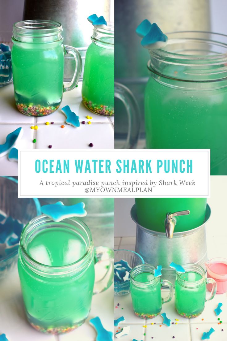 the ocean water shark punch recipe is ready to be eaten and served in mason jars