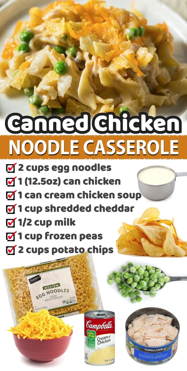 an image of canned chicken noodle casserole recipe with instructions on the side