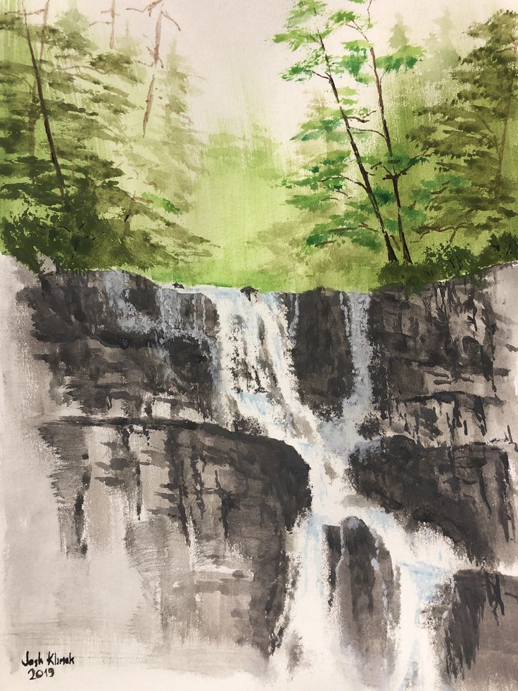 a painting of a waterfall with trees in the background