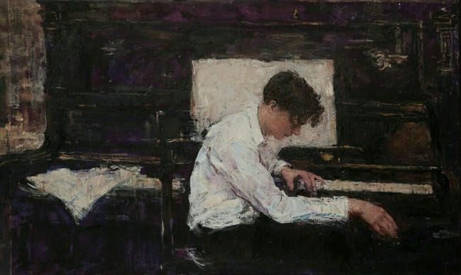 a painting of a person sitting at a piano