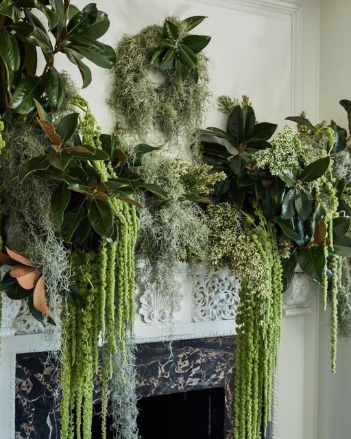 some green plants are hanging on the mantle in front of a fire place with a mantel