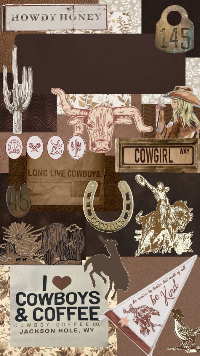 collage of cowboy themed items and stickers