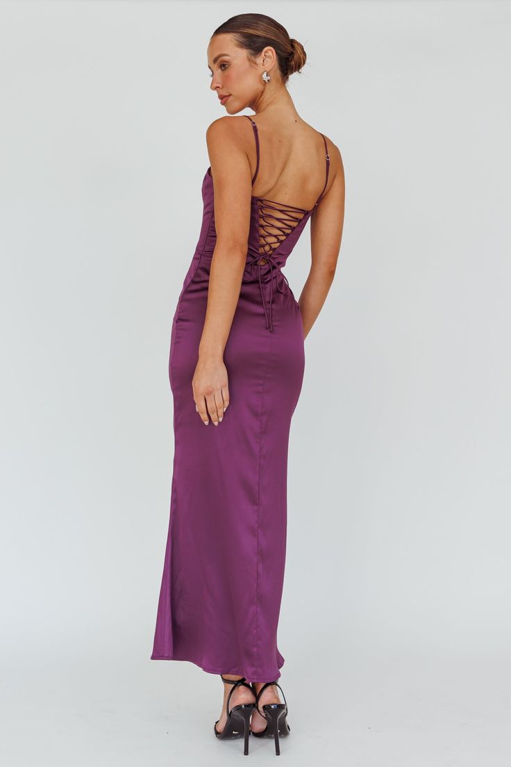 Plum maxi dress Half lined Adjustable straps Lace-up back Zipper in side Steal the show in our stunning Teneal maxi dress. We are loving the lace-up back feature! Perfect for a special event or a birthday celebration. Team it with diamante mules and a clutch for an unforgettable look. MODEL INFO Model is wearing size XS Height: 5'6" Bust: 31.5" Waist: 24.5" Hips: 34.5" CARE Hand Wash Cold. Do Not Iron. MATERIAL SPANDEX/POLYESTER Strappy Lace-up Back Maxi Dress For Night Out, Backless Lace-up Prom Slip Dress, Elegant Maxi Dress With Lace Back And Spaghetti Straps, Strappy Back Corset Dress For Gala, Party Maxi Dress With Strappy Back, Formal Fitted Maxi Dress With Strappy Back, Floor-length Tie Back Backless Dress For Prom, Evening Maxi Dress With Lace-up Back, Floor-length Backless Tie Back Prom Dress