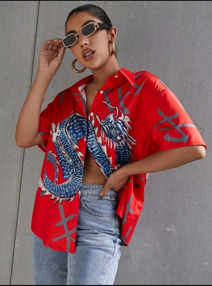 Dragon Shirt Outfit, Dragon Shirt, Lantern Sleeved Blouses, Dragon Print, Chinese Dragon, Crop Blouse, Lantern Sleeves, Red Fashion, Shirt Outfit