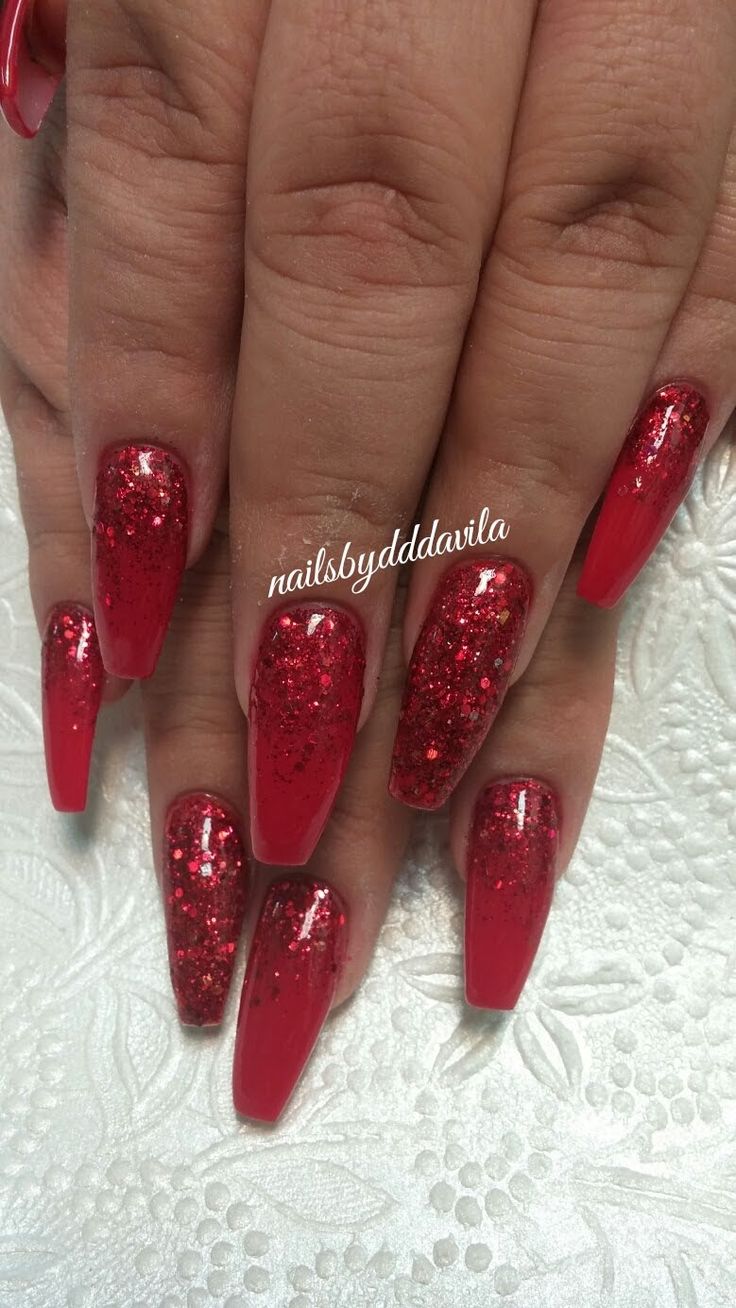 Long Red Sparkly Nails, Red Glittery Acrylic Nails, Red With Glitter Acrylic Nails, Red Sparkly Ombre Nails, Red Nails With Red Glitter Tips, Red Nails With Red Glitter, Red Fake Nails Acrylics, Red Nails With Glitter Ombre, Ombre Nails Glitter Red