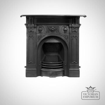 an antique fireplace with ornate carvings on the front and sides, in black painted wood