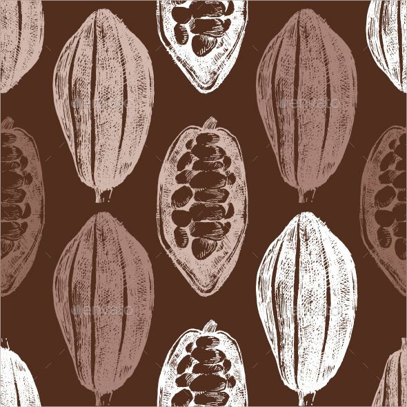 seamless pattern with cocoa pods on brown background, hand drawn illustration in vintage style