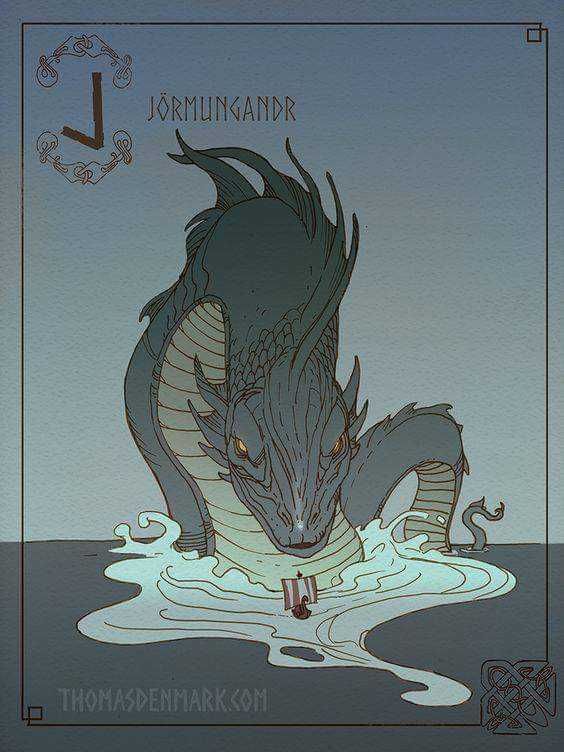 a drawing of a dragon in water with the letter l on it's side