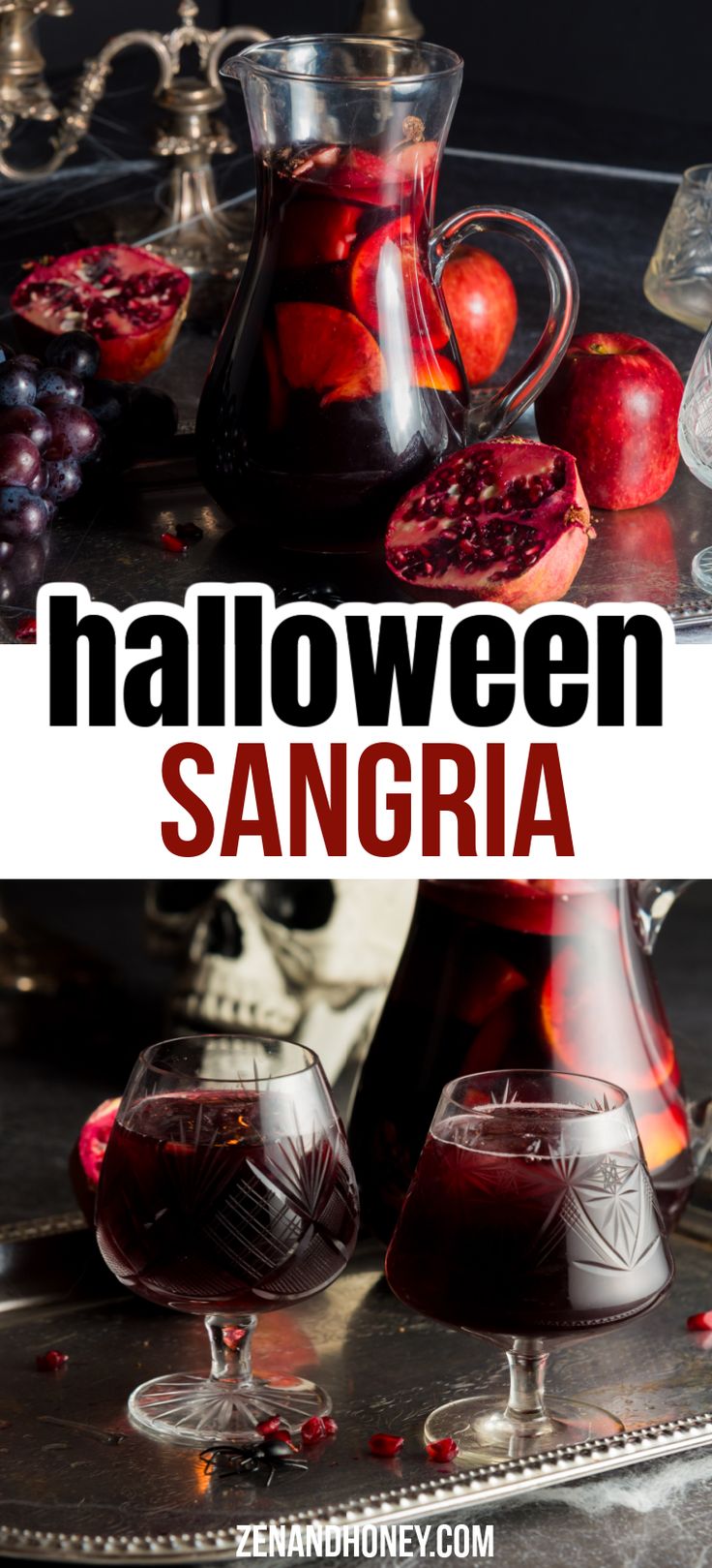 Looking for that epic Halloween punch recipe? Make this extremely spooky Halloween Sangria with pomegranate juice and brandy. Strong red sangria recipe that is too spooky to be true. Halloween Party Drink Pitcher, Witch Brew Sangria, Spooky Sangria, Halloween Sangria, Candy Corn Jello Shots, Pomegranate Sangria, Spooky Cocktails, Sangria Punch, Halloween Punch Recipes