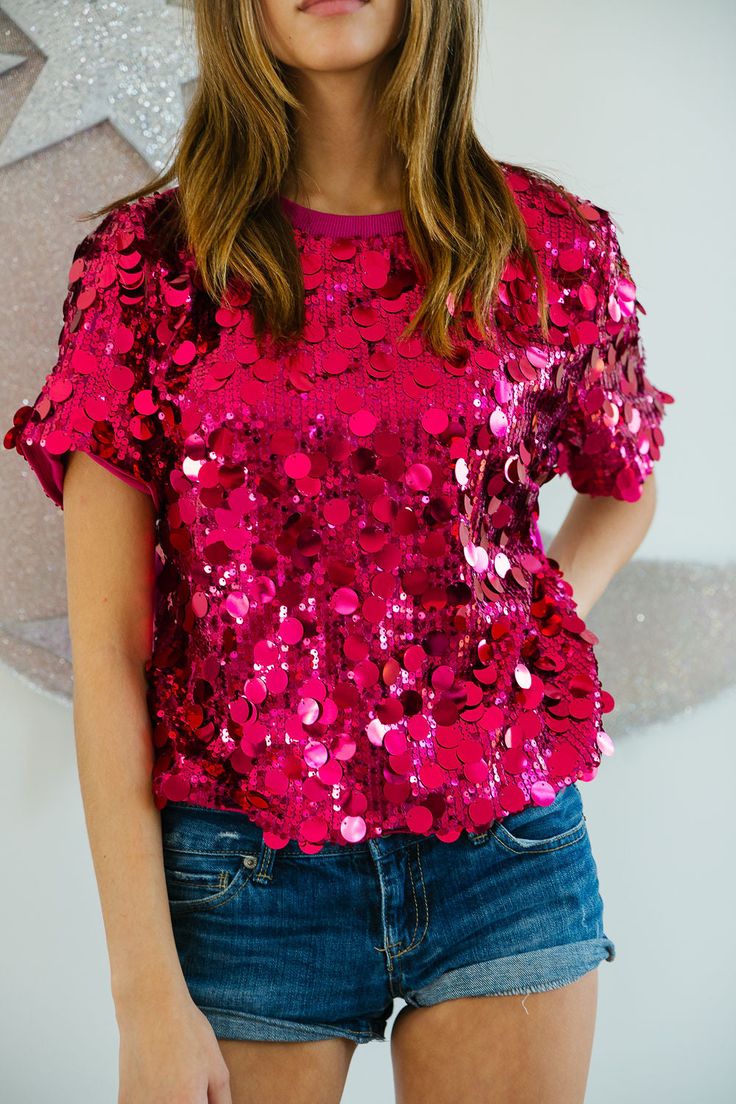 PINK SEQUIN TOP TOP Judith March Fitted Sequin T-shirt For Summer, Embellished T-shirt For Night Out, Spring T-shirt With Sequins And Short Sleeves, Summer Short Sleeve T-shirt With Sequins, Pink Crew Neck T-shirt For Party, Pink Sequin Fabric For Summer Night Out, Pink Contrast Sequin Fabric For Night Out, Trendy Pink Tops For Night Out, Party Season Sequined Crew Neck T-shirt