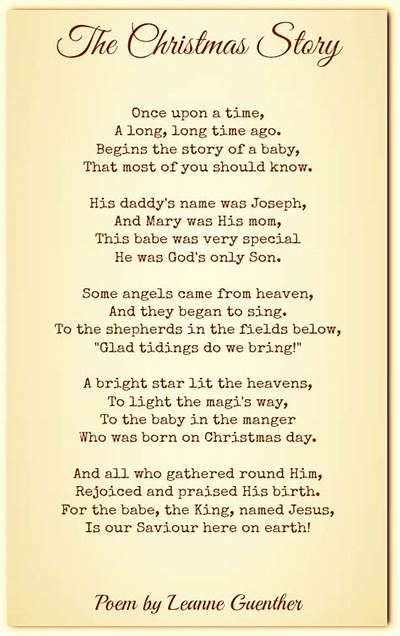 the christmas story poem is shown in an old fashioned style with red writing on it